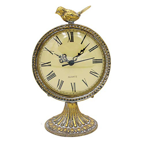 Funly Mee Reloj De Mesa De Peltre Vintage Con Lindo Pájaro,