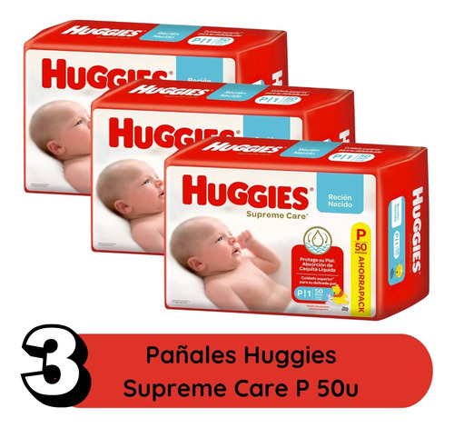 3 Pañales Huggies Supreme Care Talle Pequeño 50 Uni Rojo