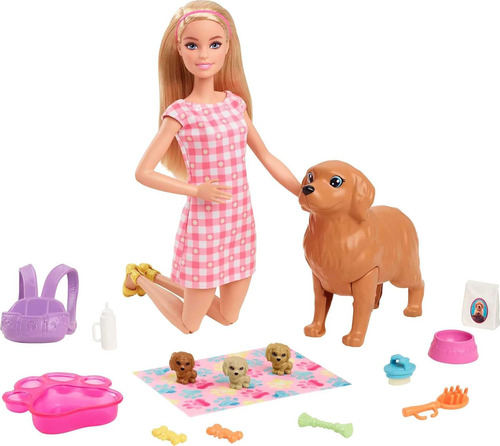 Muñeca Barbie Y Mascotas, Muñeca Rubia Con Mamá Perra, 3 Cac
