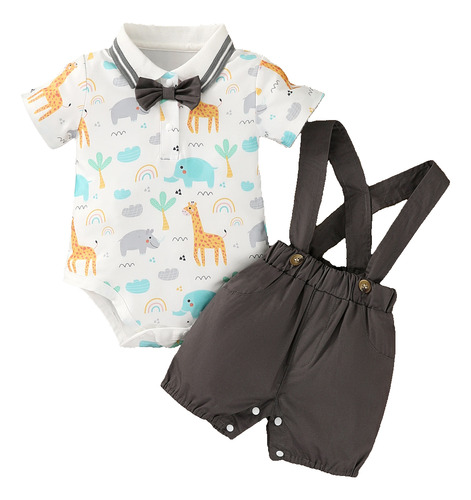 Conjunto Verano Con Estampado Animales Y Overol Para Bebé Marrón Oscuro 3-6 M
