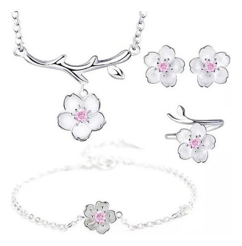 Set Collar Con Forma De Flor Rosa Aro Pulsera Anillo