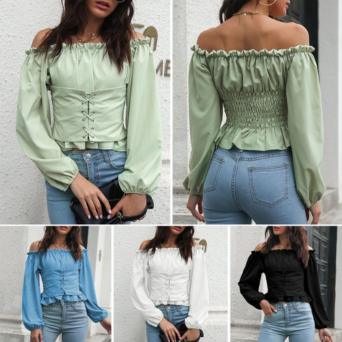 Camisa Con Corsé Para Mujer, Cintura Larga, Manga Corta, Est