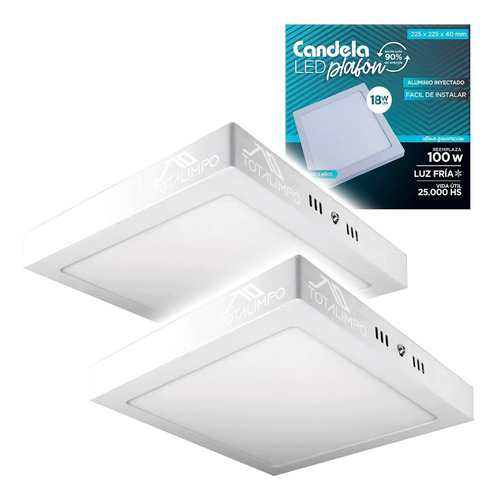 2 Plafones Led Cuadrados Base 18w Luz Fría Candela 6839