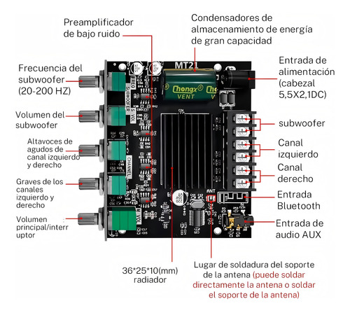 Placa Amplificadora De Potencia Digital Bluetooth Audishako Entrada AUX 12V-24V