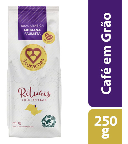 Café torrado em grãos Mogiana Paulista rituais pacote 250g 3 Corações