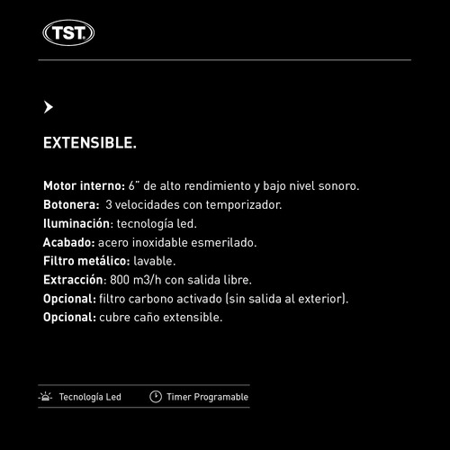 Extractor purificador de cocina TST Extensible ac. inox. de pared 890mm x 70mm x 530mm plateado 220V