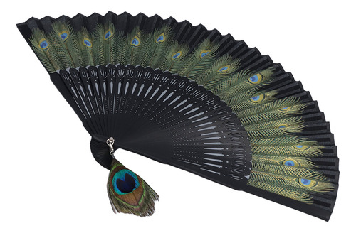 Abanico Plegable Con Diseño De Pavo Real Y Huesos Negros
