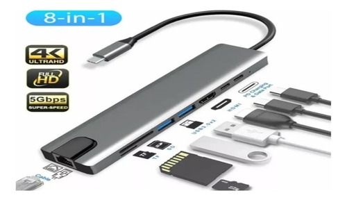 Hub Adaptador 8x1 Tipo C Hdtv / Sd / Tf / Usb 3.0 / Pd / Lan