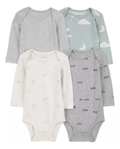 Paquete 4 Bodies De Manga Larga Colores Azul-gris Para Bebe