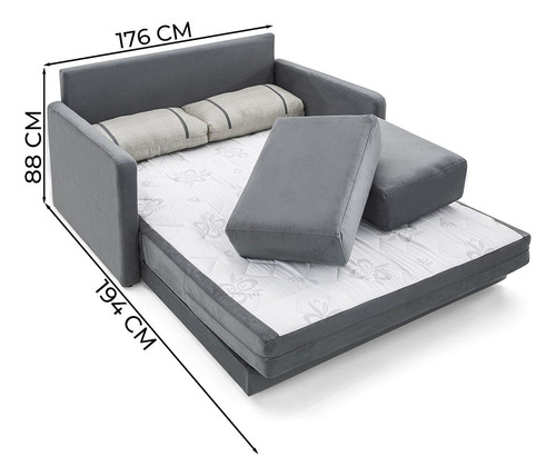 Sofá-cama 3 Lugares Queen Herval Space, Suede Molhado Cinza Cor Cinza-escuro Desenho Do Tecido Liso