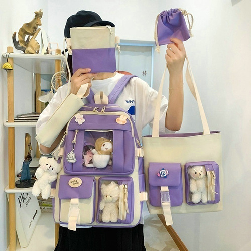 Conjunto Combo Mochila Escolar Kawaii Estilo Coreana 5 Pieza
