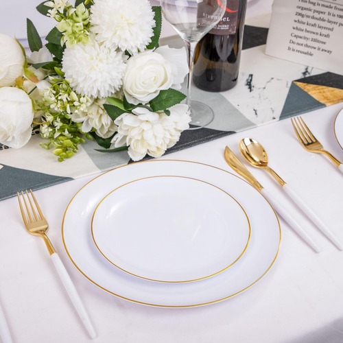 Dayammi 30 Invitados Platos De Plástico Dorado Con Cubiertos