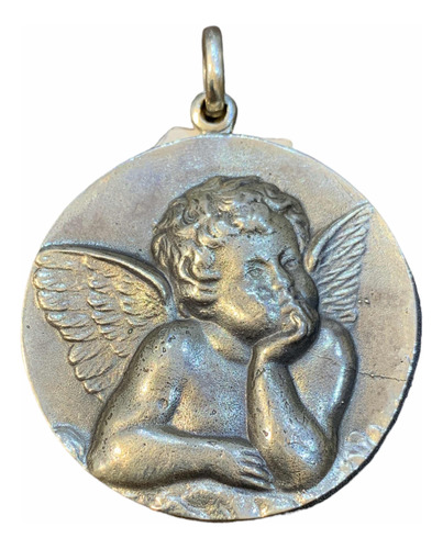 Medallón Ángel Pensador En Plata 925. Cunero 4 Cm. Tuset.