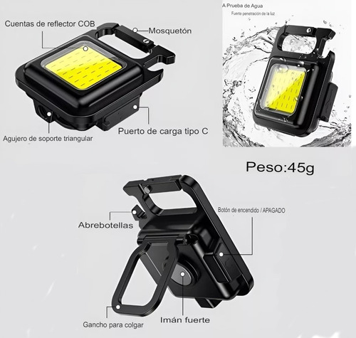 Linterna Led De Llavero Gancho Recargable Portátil Luz Fria