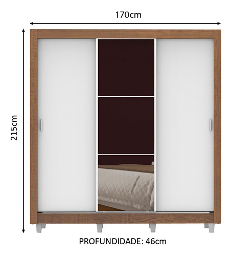 Guarda Roupa Casal Lyon 3 Portas De Correr Com Espelho 2 Gav