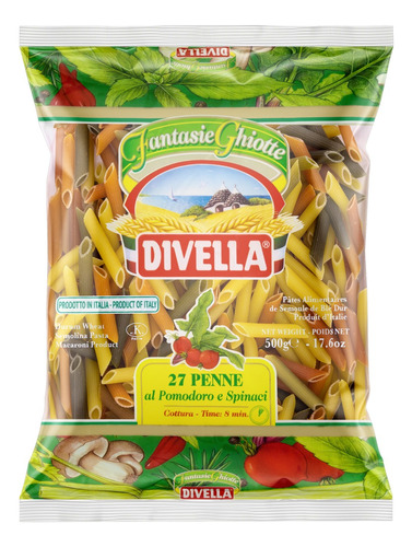 Macarrão de Trigo Grano Duro Tricolor Penne 27 Pomodoro e Spinaci Divella Pacote 500g