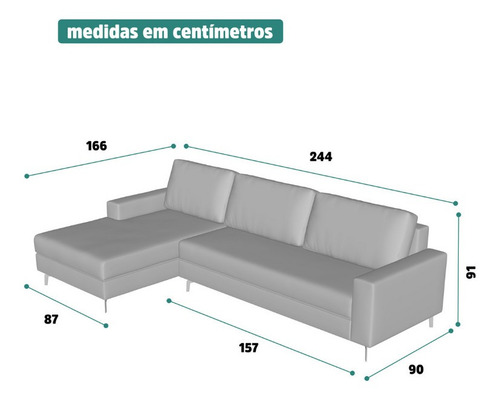 Sofá 244cm Linho Cinza Loft Com Chaise Esquerda