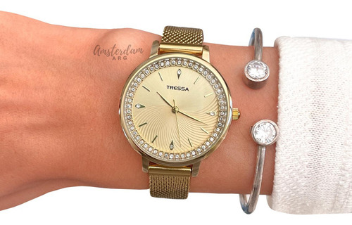 Reloj Tressa Dama Mod Nell-g Malla Tejida Malla Dorado Bisel Dorado Fondo Dorado