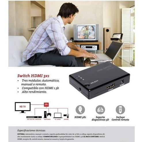 Imagen 5 de 6 de Switch Selector Hdmi 4k 3 A 1 Automatico Y Control Remoto