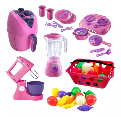 Kit Cozinha Infantil Com Fogão + Airfryer + Jogo De Jantar C/ Copos,  Pratinhos, Panelinhas De Brinquedo Fogãozinho Cooktop Comidinha