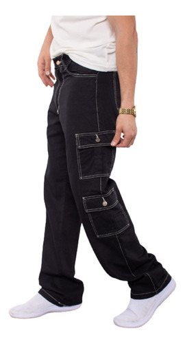 Pantalon Wide Leg Doble Cargo Hombre Jean Rigido Premium