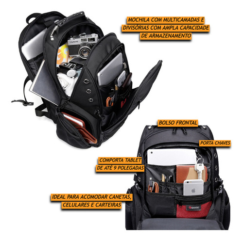 Mochila Executiva Reforçada Alça Cabo De Aço C/ Cadeado 40 Litros Masculina Bange Premium Para Notebook 17,3 Polegadas Viagem Bordo Impermeável Cor Preto