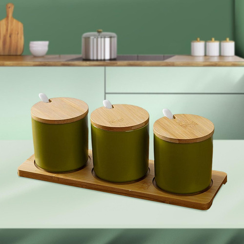 3 Uds. De Tarros De Especias De Cerámica Con Tapa, Cuchara