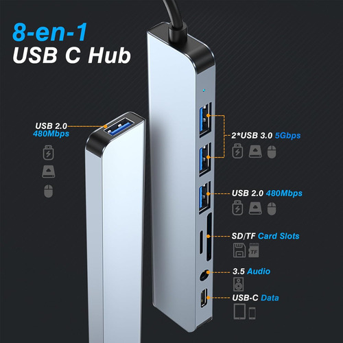 Adaptador Usb C Hub Tipo C, 8 En 1, Multipuerto, Usb 3.0, Sd