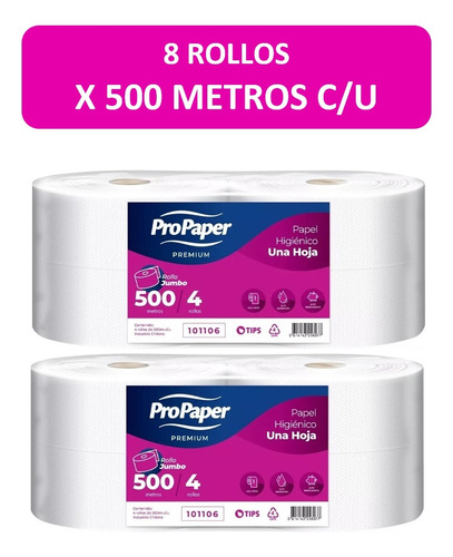 Papel Higienico Jumbo 500 Mt X 8 Rollos Propaper Hoja Simple