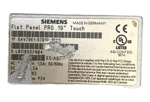 Siemens Flat Panel Pro19 Touch 6av7861-6tb10-1ba0 S/película (Usado)