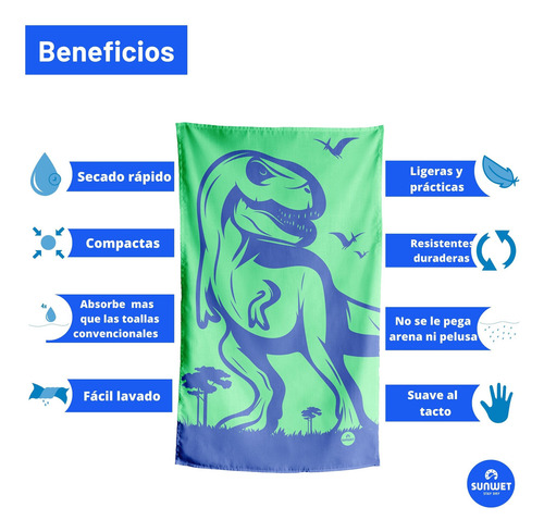 Toalla De Microfibra Secado Rápido Estampada 130x75cm Sunwet Color T-Rex