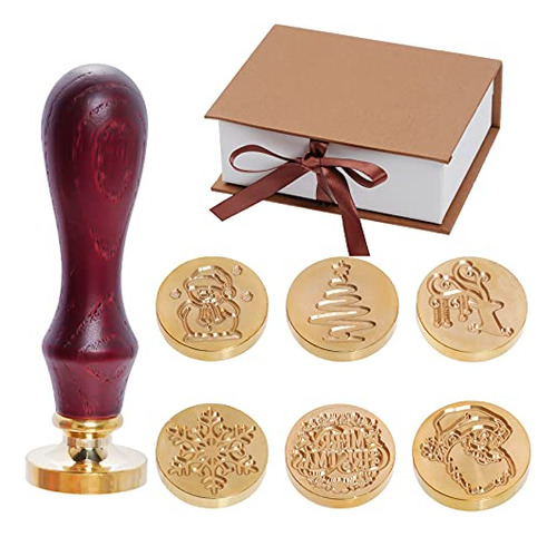 Christmas Wax Seal Stamp Set - 6 Pcs Brass Head With Wo...