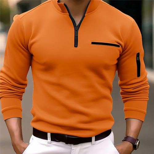 Camisa Polo Masculina Casual De Manga Comprida Com Zíper
