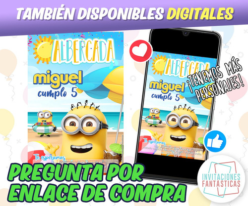30 Invitaciones Minions Albercada Fiesta Piscina Impresas