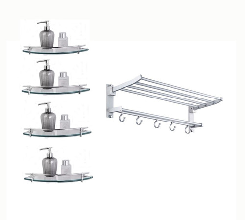 Set Baño 4 Repisas Esquineras Cristal + Toallero Doble Inox