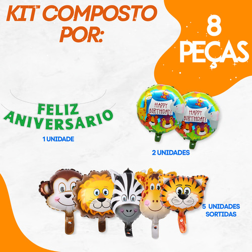 Kit 8 Peças Balões Safari Com Faixa Feliz Aniversário Festa Infantil Tema Animais Com Balões Metalizados Para Mesa Leão Tigre Zebra Girafa