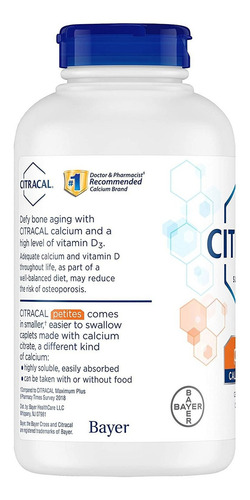 Citracal Petites Contiene 400 Mg De Calcio Y 500 Ui De Vitamina D3 Por Porción Para Ayudar A Lograr Una Salud Ósea Óptima Y Reducir El Riesgo De Osteoporosis, Contiene 375 Cápsulas.