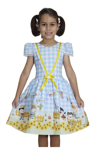 Vestido Infantil Junino Xadrez Azul Barrado Caipira Menina