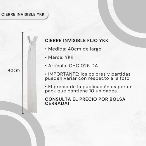 Cierre Invisible Fijo Ykk 40cm X 10 Unidades Beige Claro 572