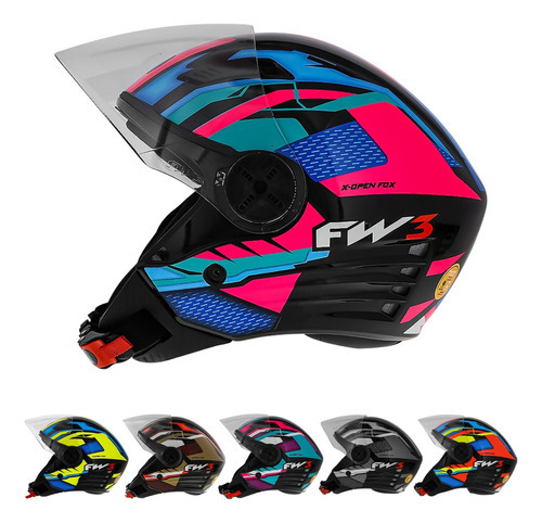 Capacete Aberto Fw3 X Open Up Fox Cores Tamanhos Com Oculos Cor Rosa com Azul Tamanho do capacete 58