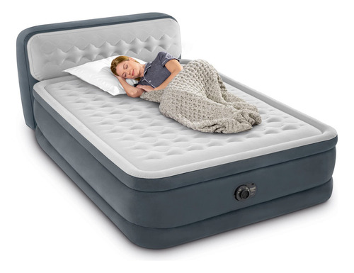 Intex 64447ed Dura Beam - Colchón De Aire Suave Con Bomba Integrada, Cabecera Ultra Afelpada Y Funda De Transporte De Almacenamiento Portátil, Tamaño Queen