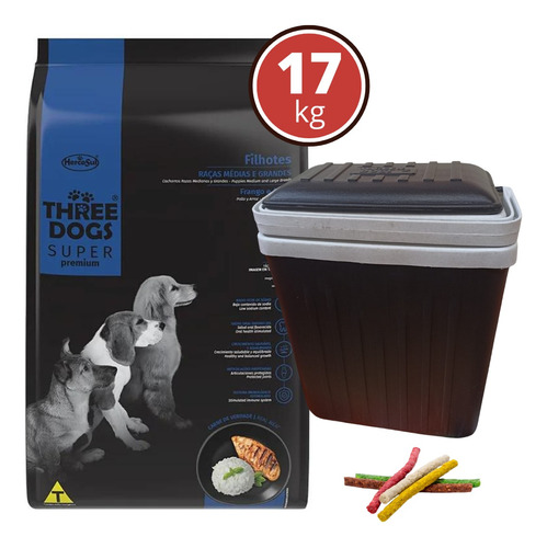 Three Dogs Super Premium Cachorro Med/gde 15kg+2kg+regalos
