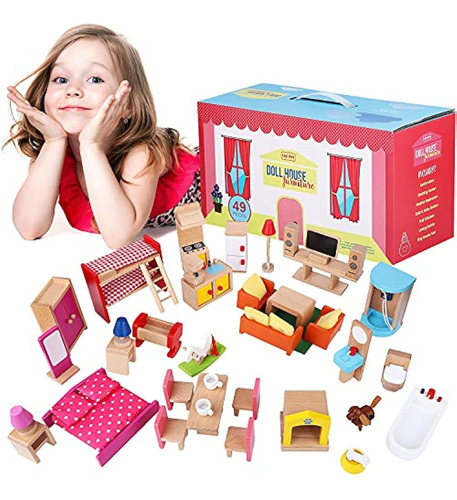 Juego De Muebles De Casa De Muñecas De Madera - Kit De 49 Pi