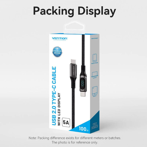 Cable Usb Tipo C Vention - Carga Rapida 5a 100w Transmision Datos 480 Mbps - 1,20 Metros Trenzado - Display Led - Para Cargador De Celular Pc Notebook / Macbook iPhone Samsung Auriculares - Taybav