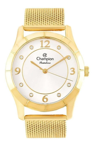 Relógio Champion Dourado Feminino + Colar E Brincos Cn29910w