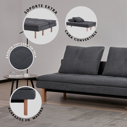 Sofácama Futón Sillón Reclinable Colchonado Matrimonial Eke Color Gris Oscuro Diseño De La Tela Lisa