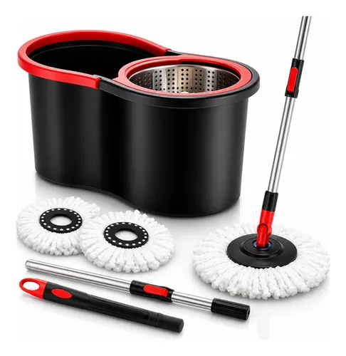 Mop Esfregão Giratório Com Balde 8 Litros Cesto Inox 2 Refil Preto