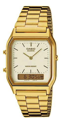 Relógio de pulso Casio AQ-230 com corpo dourado,  analógico-digital, para sem gênero, fundo  branco e dourado, com correia de aço inoxidável cor dourado, agulhas cor dourado, subdials de cor preto e dourado, ponteiro de minutos/segundos preto, bisel cor dourado