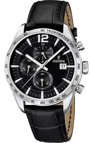 Reloj de pulsera Festina Timeless Chronograph F16760 de cuerpo color plata, analógico, para hombre, fondo negro, con correa de cuero color negro, agujas color plata y blanco, dial plata y blanco, subesferas color negro, minutero/segundero blanco, bisel color plata y hebilla simple