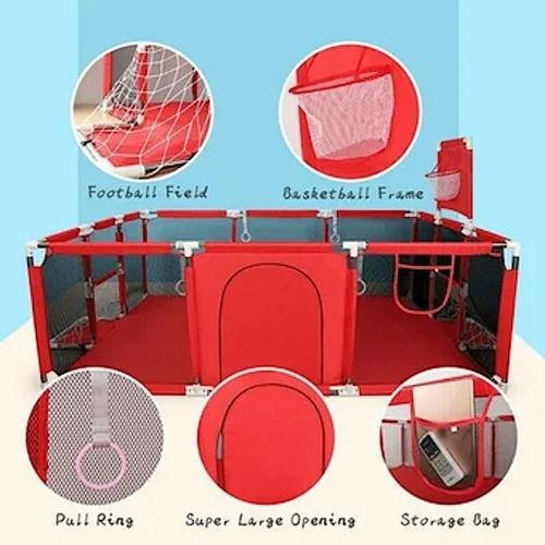 Imagen 6 de 8 de Corral Seguridad Bebes Con Aro De Basket 180cm Rojo